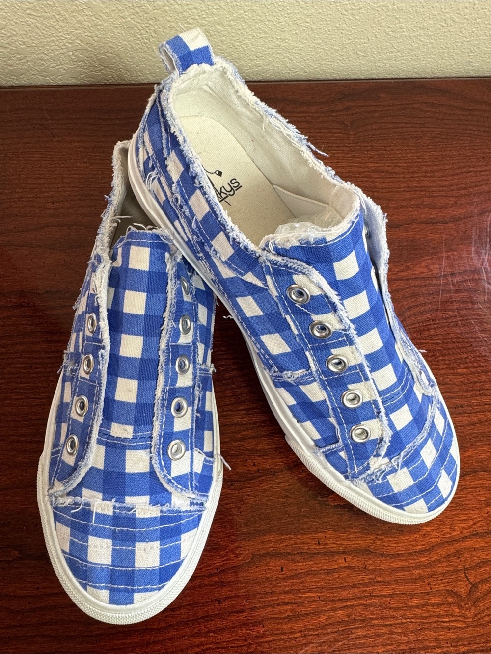 Corkys Lady’s Gingham Slip-On Sneakers in Blue and White Plaid